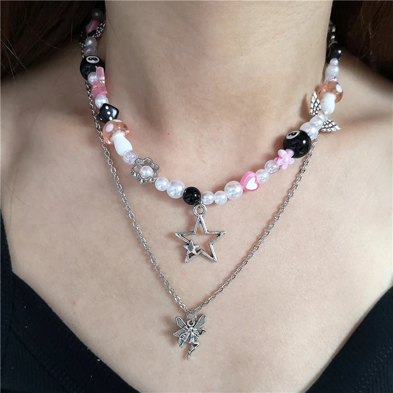 Lunivop Kpop Goth Vintage Y2K Angel Star Cross Heart Pendant Pink Beaded Snake Chain Necklace For Women Men Punk Jewelry EMO Accessories