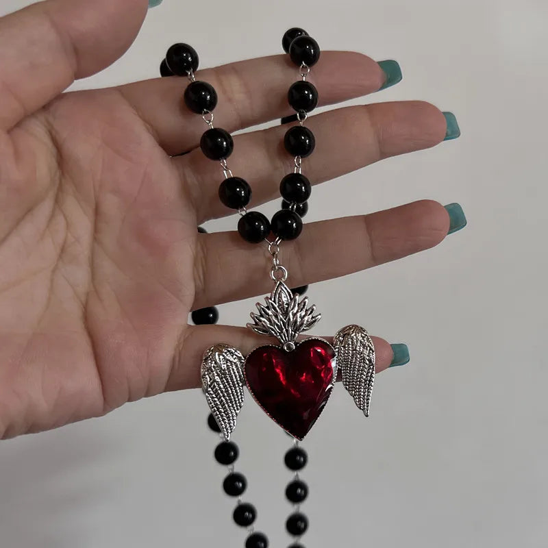 Lunivop Large Red Glass Heart Rosary Necklace Black Beaded Charm Goth Punk Hip Hop Rock Jewelry Accessories Gift Pendant Choker