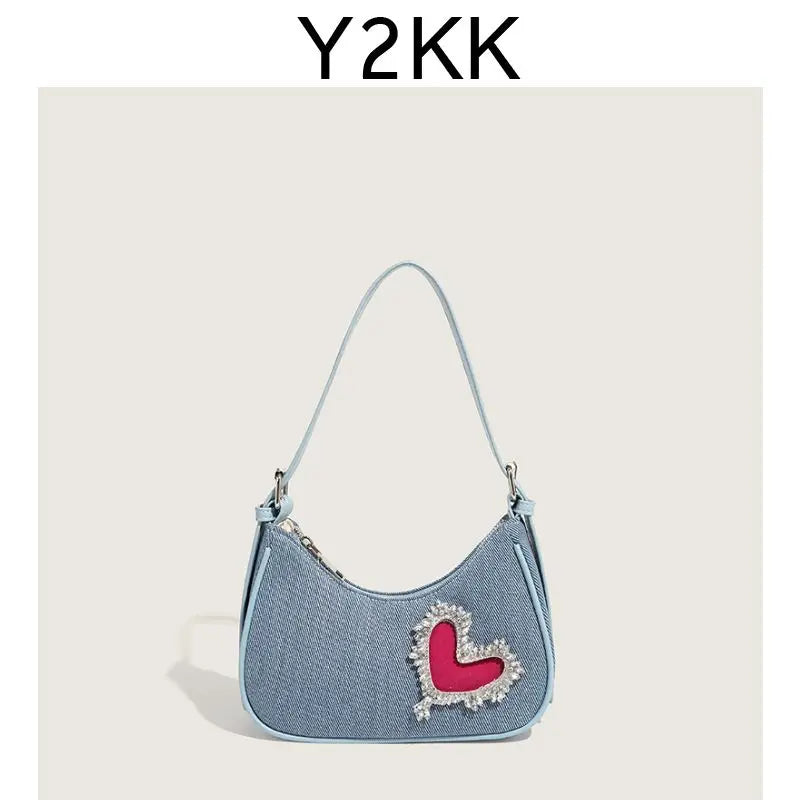 Lunivop Retro Denim Y2k Bags Purse Women Harajukuu Heart Rhinestone Zipper Casual Shoulder Bags Ladies Vintage Trendy Handbag