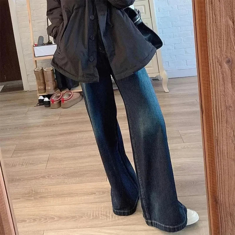 Lunivop  Harajuku Wide Leg Jeans for Women Vintage Deep Blue High Waist Full Length Pants Autumn 2000S Streetwear Loose Straight Trousers