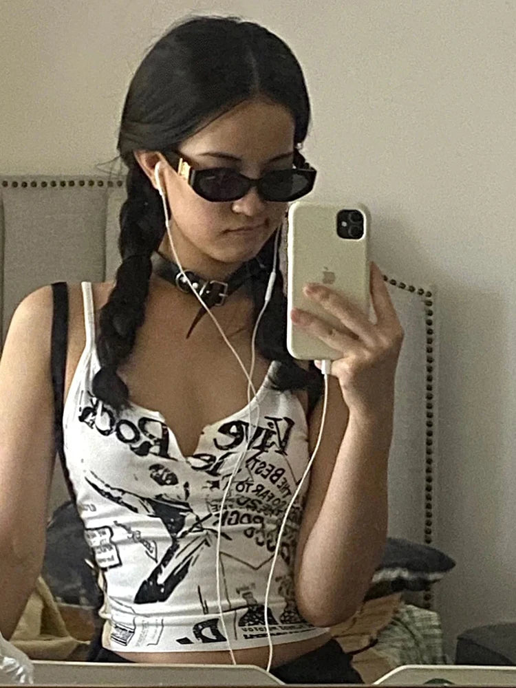 Lunivop Y2K E-Girl Punk Print Sleeveless Ribbed Knit Tank Top For Women 2000s Crop Top Summer Fairy Grunge 90s Hippie Tee ropa de mujer