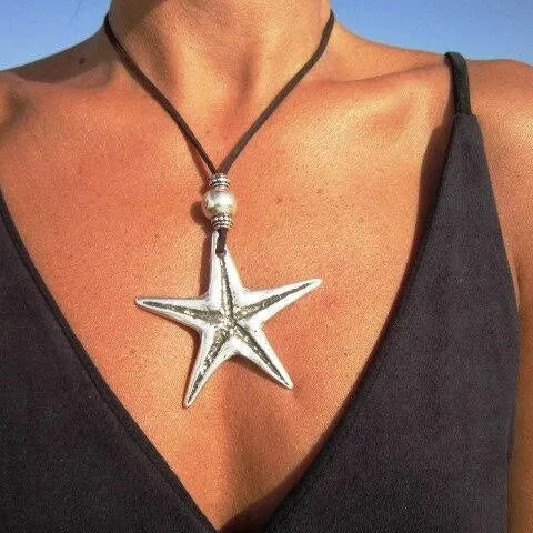 Lunivop Trendy Boho Summer Starfish Pendant Leather Necklace for Women Beach Bohemia Nekclace Party Jewelry Gift