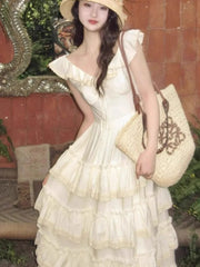 Lunivop  Summer New Sweet Lace Ruffles Apricot Cake Long Dresses Vacation V-neck Flying Sleeves Chic Dress Basics Birthday party Dress