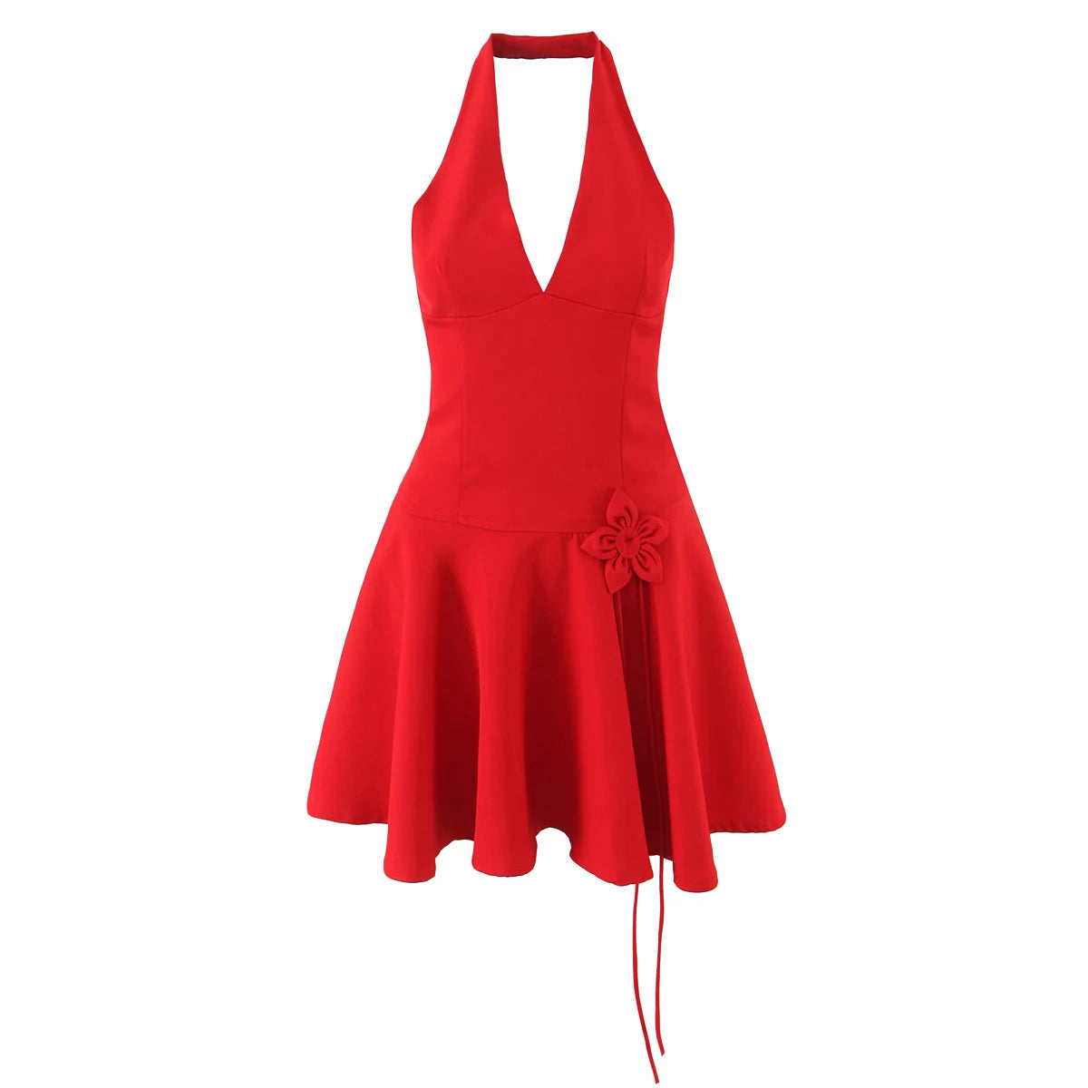 Lunivop  Sexy Red Halter Dress Women Slim Low Waist Spliced 3D Flower Swing A-lined Backless Short Dresses Summer Robe
