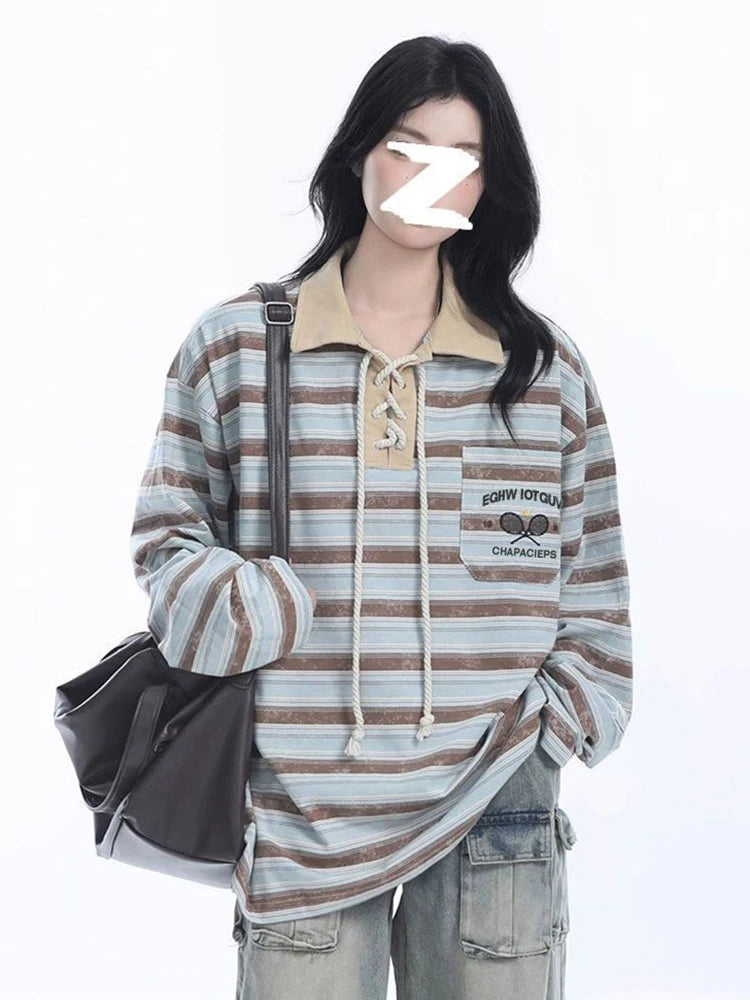 Lunivop Retro Preppy Style Striped T Shirt Women Loose Long Sleeve American Retro Tees Fall New Letter Embroidery Lace Up Patchwork Tops