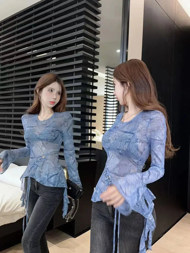 Lunivop  Elegant Sweet Mesh Long Sleeve T-shirts Y2k Slim Fit Irregular Top for Women 2025 Spring New Bottoming Blue Tee Shirt