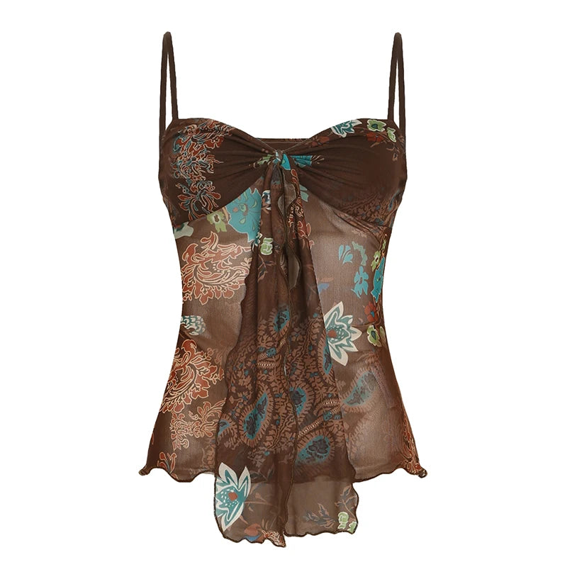 Lunivop  Retro Mesh Floral Print Camis Sexy See Through Sleeveless Crop Top y2k Vintage Ruffles Tee Summer Holiday Transparent Top