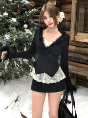 Lunivop Winter Y2k Aesthetic Two Piece Set Fur Patchwork Vintage Irregular Cropped T Shirt + Sweet Lace Bodycon Vest 2 Suits Harajuku