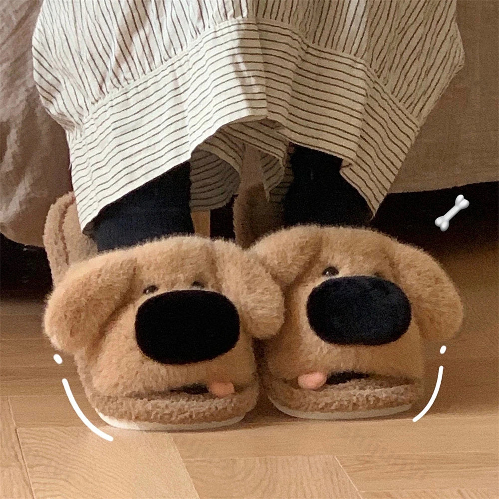 Lunivop Women New Cute Puppy Slippers Ladies Soft Casual Design Comfortable Fur Fabric Flats Winter Female Linen Men Home Slippers