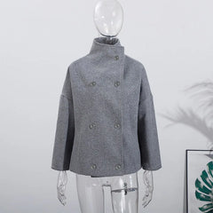 Lunivop  Solid High Neck Double Button Topcoat Dropped Shoulder Loose Autumn Short Elegant Jacket Women Urban Casual Lady Outerwear