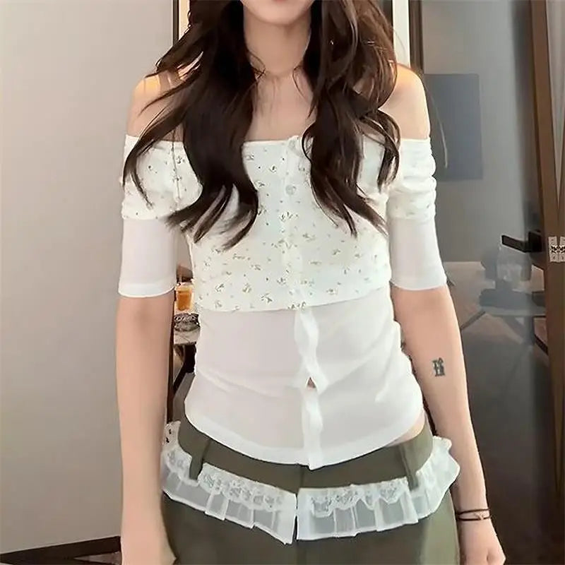 Lunivop Vintage Fake Two Piece Buttoned Cardigan T-shirts Y2k Slim Floral Print Tops Women Off Shoulder Short Sleeve Tee Shirt