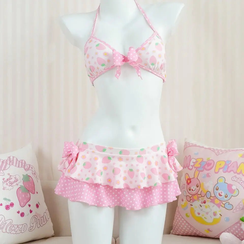 Lunivop  Japanese New Seaside Vacation Sets Swimwears Sweet Lovely Slim Print Swimsuit Sexy Bow Strawberry Casual Women Clothing