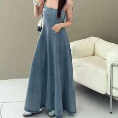 Lunivop  Adjustable Strap Denim Dress Sexy Backless Slimming Waist High Collar Ankle-Length Gown Full Sleeve Fly Sleeve Chinese Origin