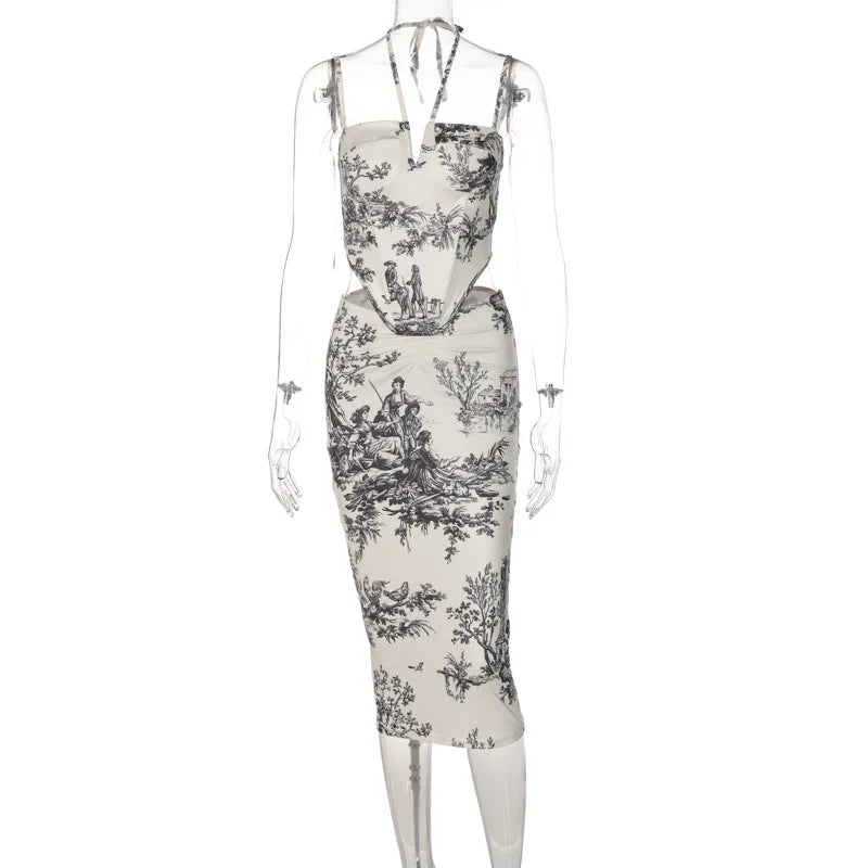 Lunivop Tie Dye Floral Print Halter High Waist Corset Crop Top Tube Skirts Women'S Sets Summer Evening Casual Party Club Clothes
