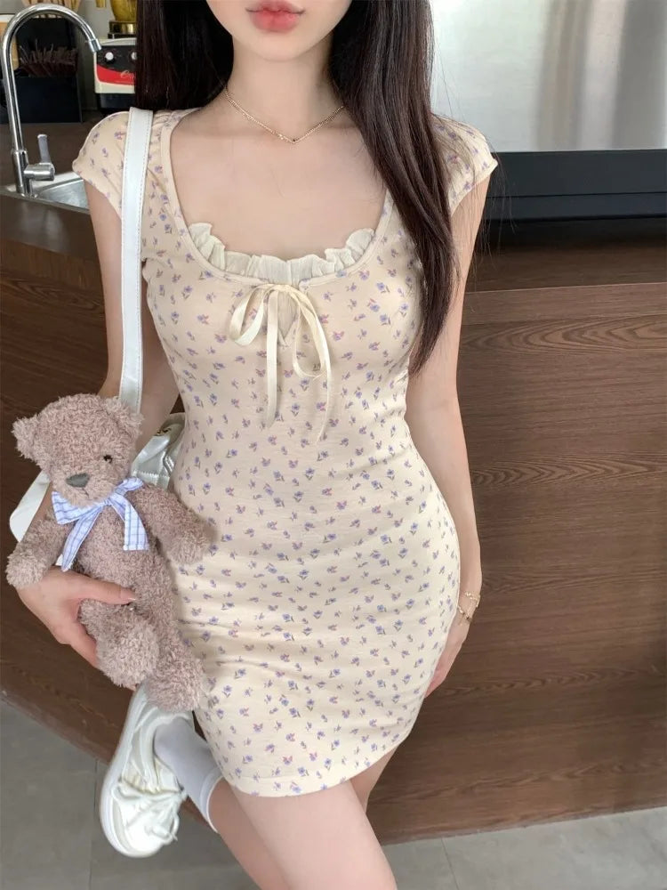 Lunivop  Dresses Women Floral Printed Sleeveless Ruffles Patchwork Slim Bow Summer Fashion Mini Dress Female Casual Sweet