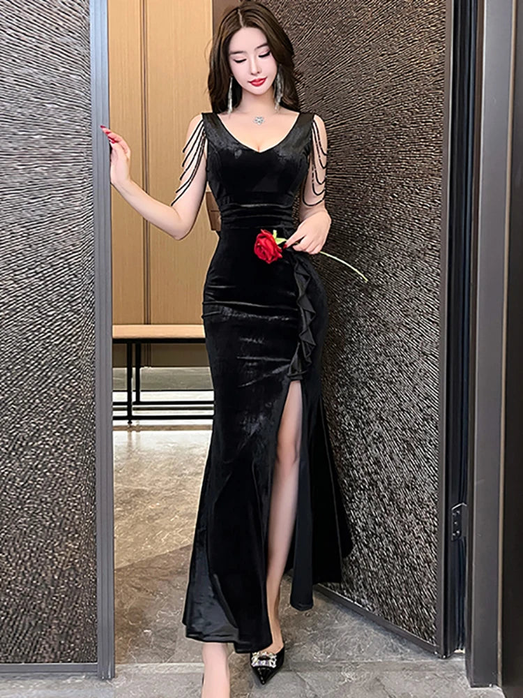 Lunivop  Spring Autumn Green Velvet Chic Tassel Sling Sexy Long Dress Women Elegant Ruffle Slit Dress Korean Fashion Bodycon Dresses