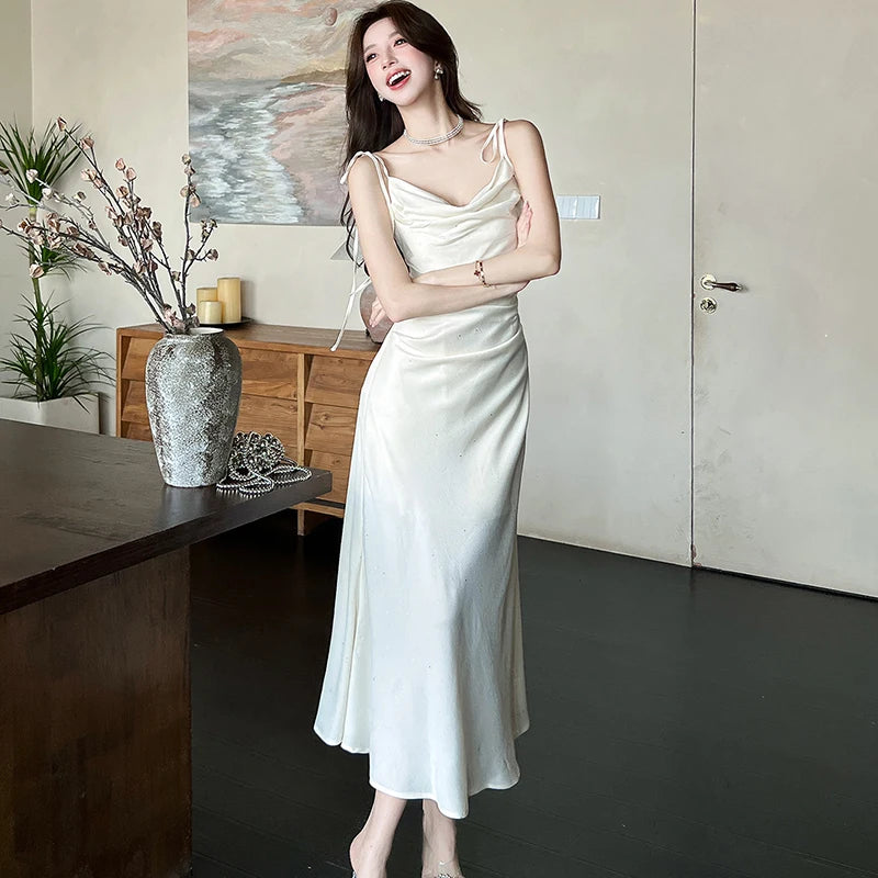 Lunivop  Solid Bright Silk Chic Bow Sling Sexy Long Dress Women Korean Vintage Hepburn Vestidos Summer Elegant Bodycon Evening Dress