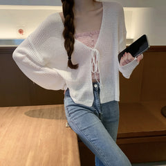 Lunivop Women Tie Up Short Cardigan Knitted Long Sleeve  Tie Front Shrug Cardigan Lightweight Cover Up Jacket Teen-girl Y2K Outfit