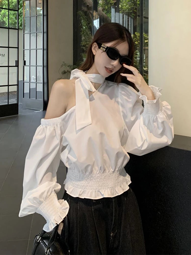 Lunivop   Sexy Off Shoulder White Shirt Women Elegant Halter Flare Sleeve Blouse Spring Korean Fashion Hollow Out Lace Up Sweet Tops