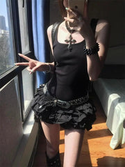 Lunivop  Y2k Black Square Neck Sexy Dress for Women Summer Slim Waist Ruched Cake Dresses 2025 New Sleeveless Vestidos De Mujer
