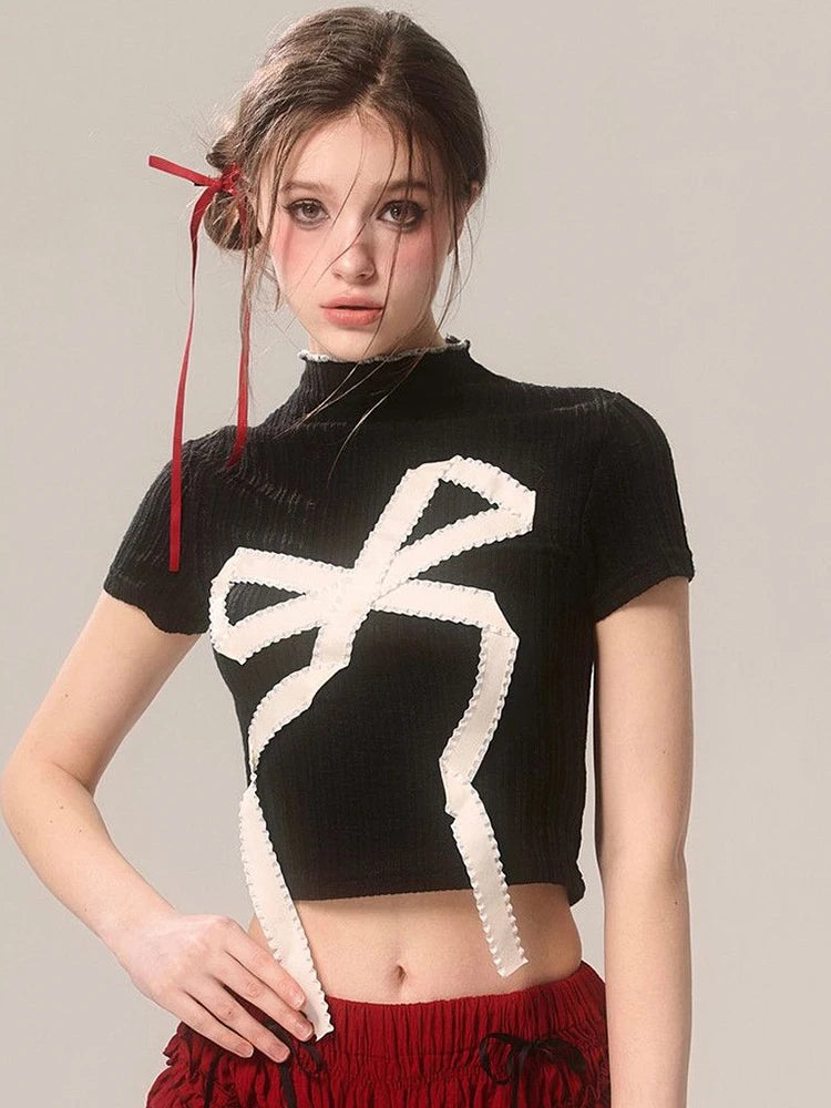 Lunivop  Cropped Slim Y2K T Shirt Women Streetwear Bow Print Sexy Short Sleeve Tees Vintage American Gothic Harajuku Black Tops New