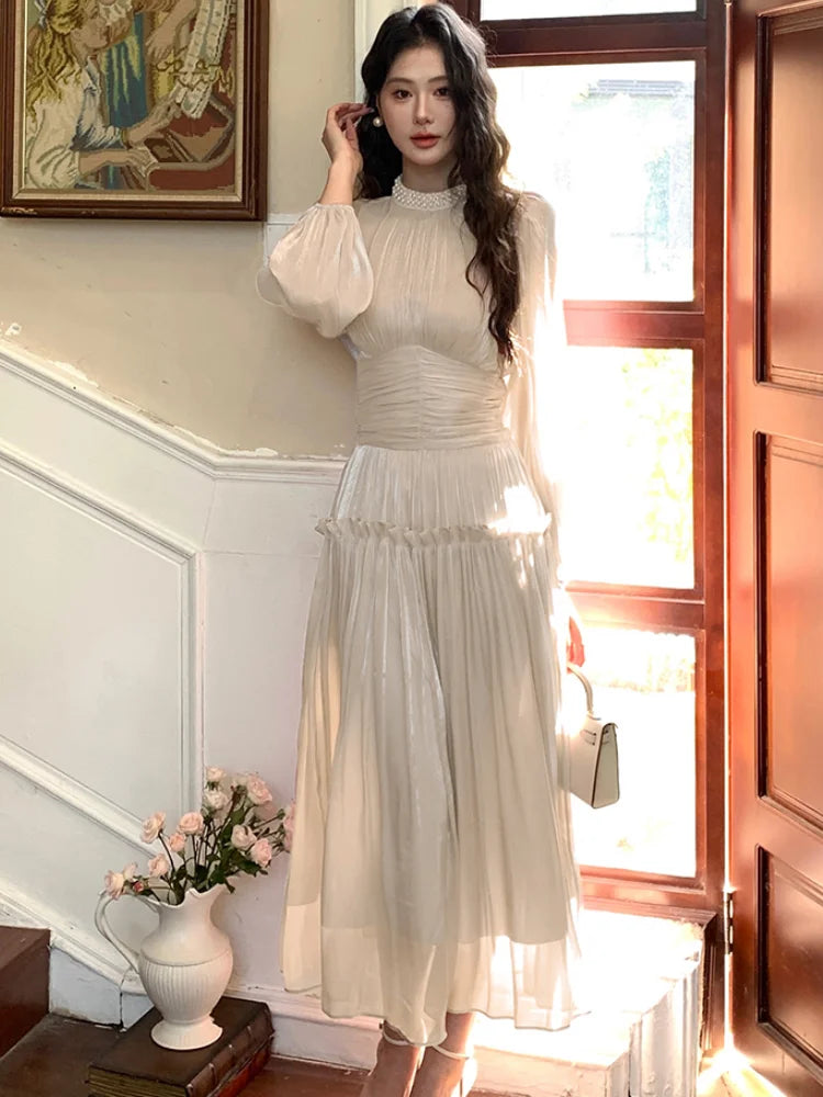 Lunivop Elegant Chic French Pleated Solid Dresses New Puff Sleeves Slim Wasit Midi Women's Dresses Party Prom Female Clothes Mujer