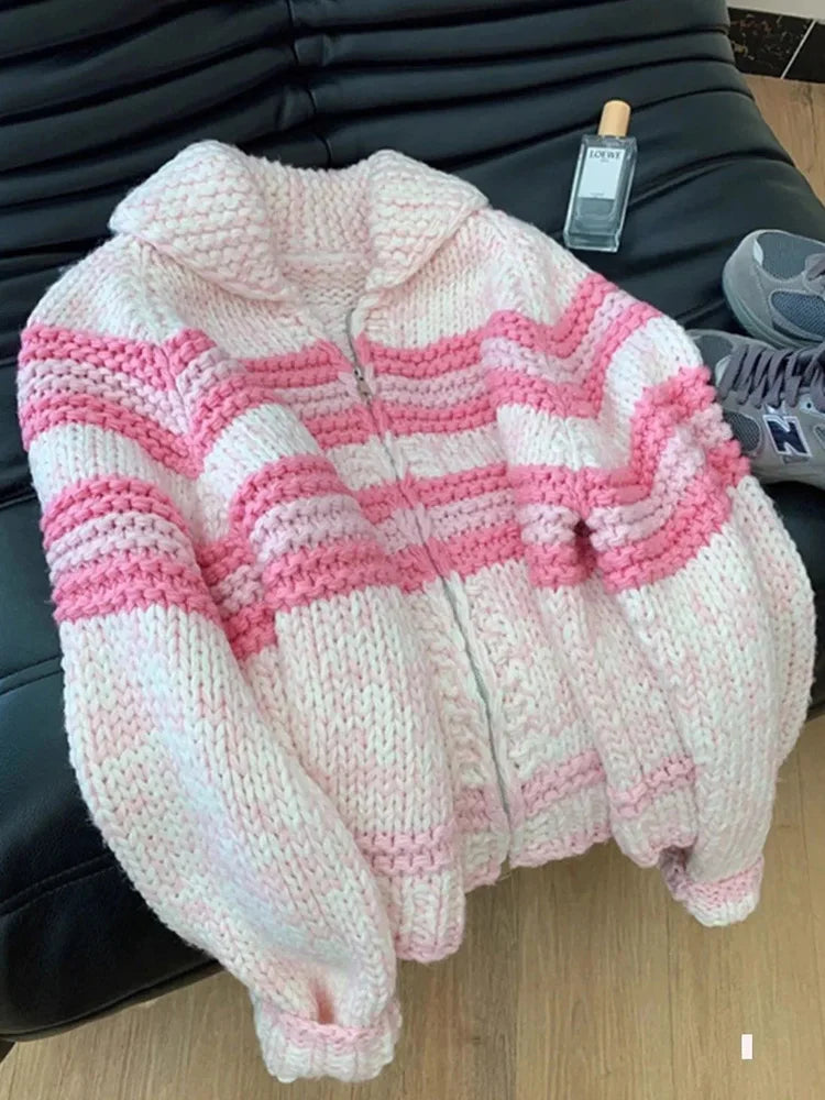 Lunivop Lazy Wind Women Sweet Cute Cardigan Sweaters Vintage Striped Long Sleeve Loose Knitted Jacket Fall Winter Soft Warm Female Tops