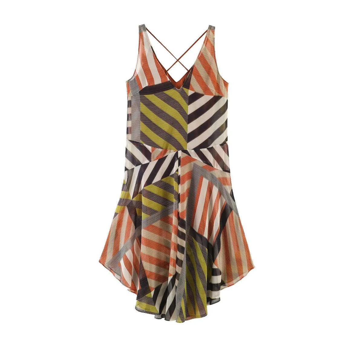 Lunivop  Holiday Geometric Stripes Print V neck Sleeveless Dress Women Ruched A-line Swing Midi Long Asymmetry Dresses Tank Vestidos Robe