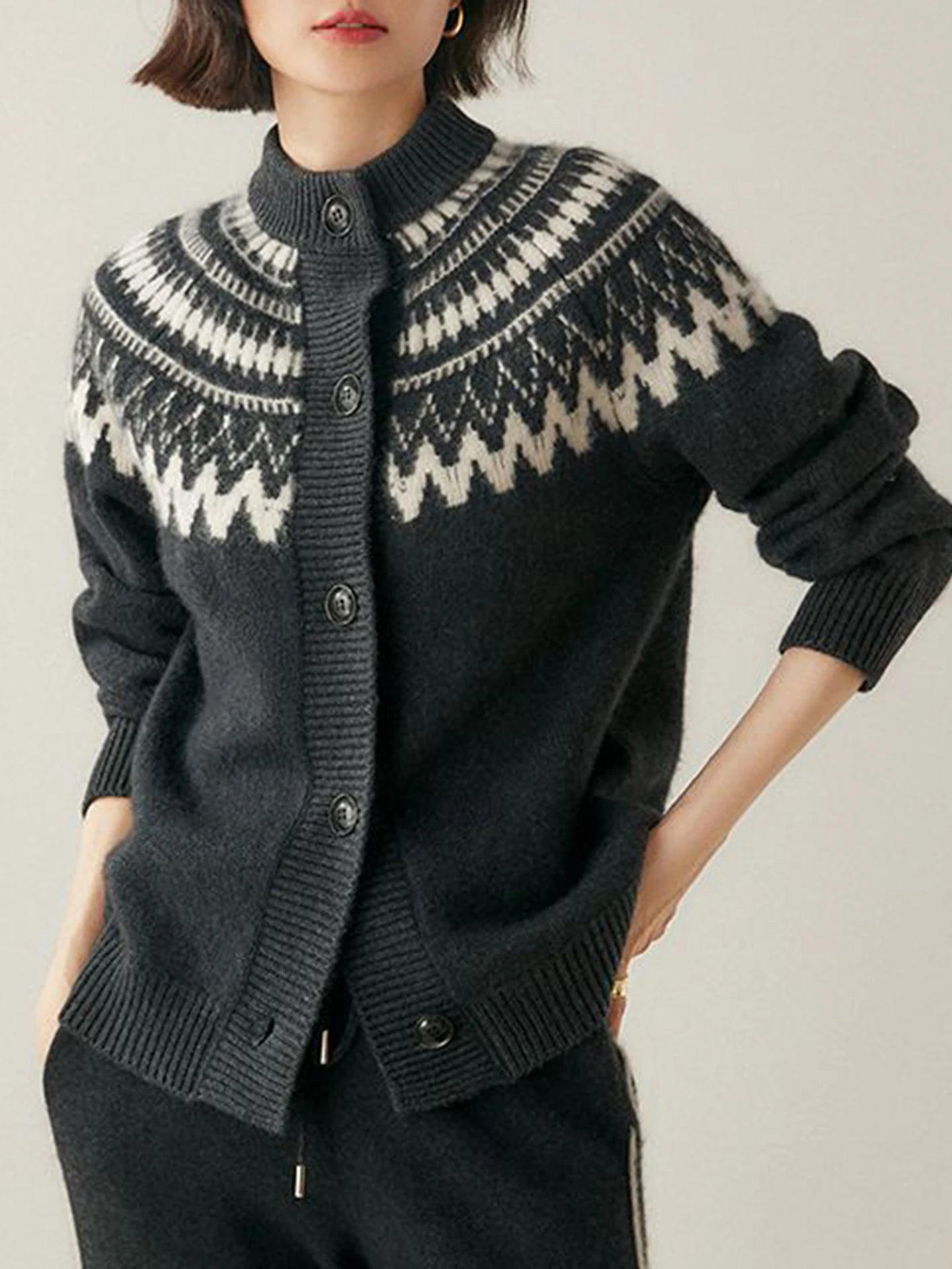 Lunivop Fair Isle Knit Sweater Cardigan Women Cozy Stand Collar Button Front Sweater Jacket Teen-Girl Fall Winter Vintage Chic Outfit