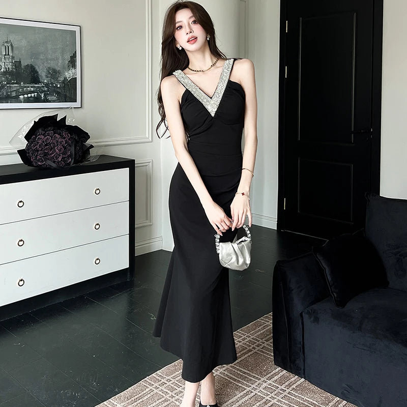 Lunivop  Women Korean Vintage Hepburn Luxury Mermaid Dress Summer Black Patchwork White Diamonds Sling Dress 2025 Elegant Bodycon Dresses