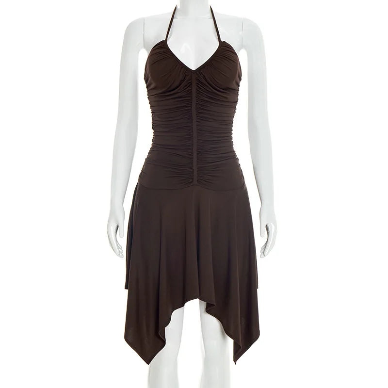 Lunivop  Euramerican Fashion Sexy Low Halter U Neck Sleeveless Dress Y2k Harajuku Punk Slim Waist Pleated Clothes Lrregular French Dress