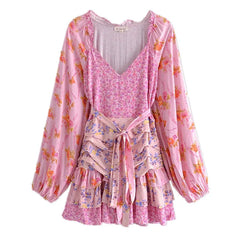 Lunivop  Holiday Contrast Color Floral Print Lantern Sleeve Mini Dress Bow Sashes Ruched Pleated Waist Ruffles Hem Women Dresses Robe