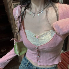 Lunivop  Y2k V-neck Patchwork Lace Cardigan for Women Thin Long Sleeve Tops Mujer Spring Autumn New Slim Fit Knitted T-shirts