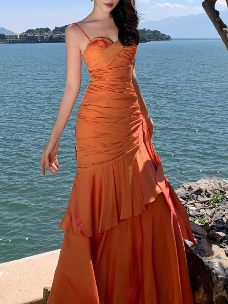 Lunivop Sexy Spaghetti Strap Womens Dresses Elegant Ruffles Evening Birthday Party Dress Wedding Prom Vestidos Long Robe Female Clothing