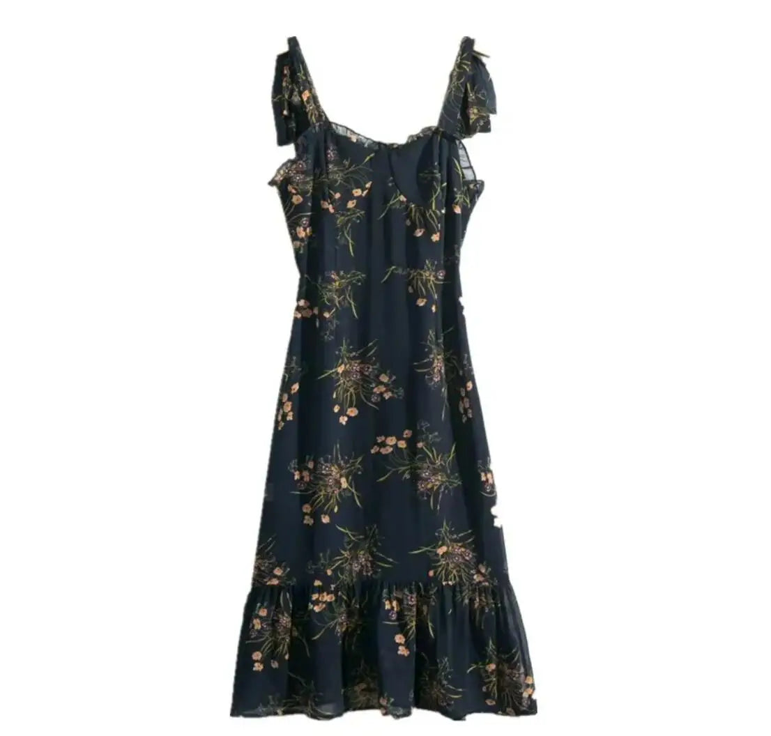 Lunivop  Sexy Light Yellow Floral Print Tie Bow Halter Sling Dress Summer Woman Backless Slim Waist Midi Long Dresses Robe Holiday