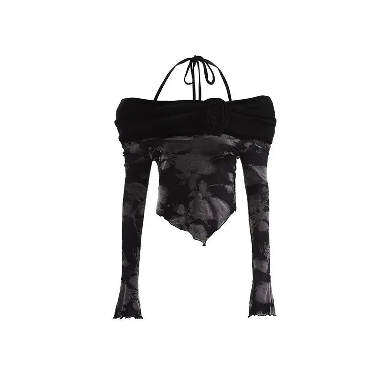Lunivop  Black Fake Two Piece Halter Camisole Tops Women Y2k Slim Fit Long Sleeve Tee Shirt Summer New Off Shoulder 3D Flower T-shirts
