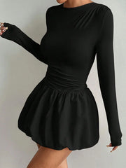 Lunivop  Women's Slim-Fit Long Sleeve Dress Autumn round Neck Ruched Waist Elastic Pleated Mini Skirt Fashion Elegant Casual Wear