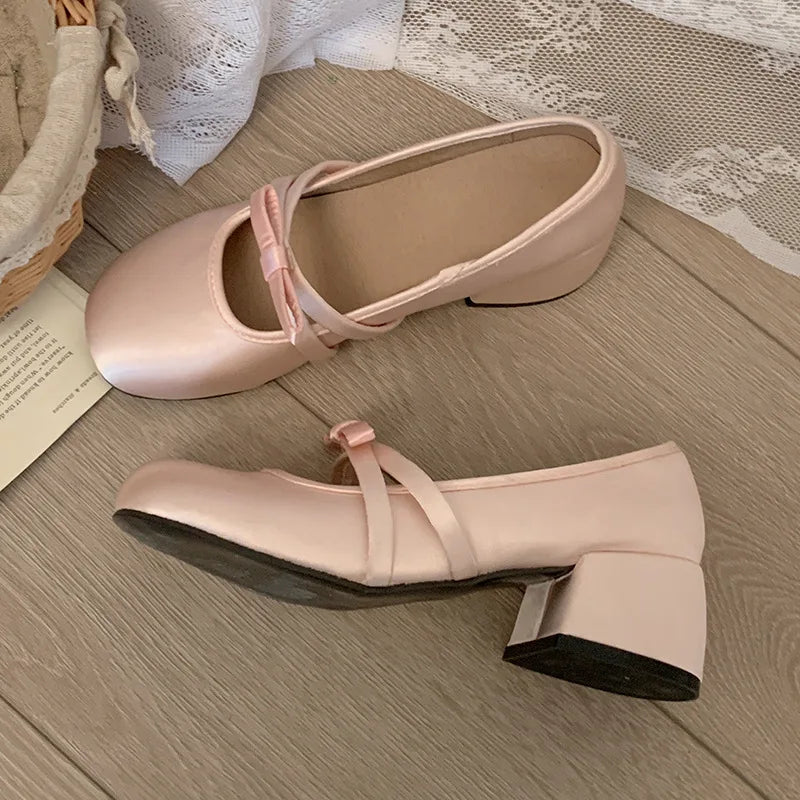 Lunivop Women Chunky Heel Shoes New Fashion Bowknot Strap Mid Heels Women Mary Jane Shoes Dress Shallow Mouth Ladies Ballet Shoes