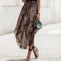 Lunivop  Leopard Skirt for Women Pleated Slit Cut High Waist Long Skirt French Fashion Loose Elegant Elastic Waist Mid-Calf Skirts