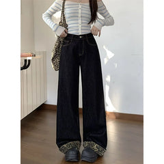 Lunivop  Spring Autumn Women's Rolled Hem Stitched Leopard Print Wide Leg Jeans Slim Fit Floor Length Straight Long Pants