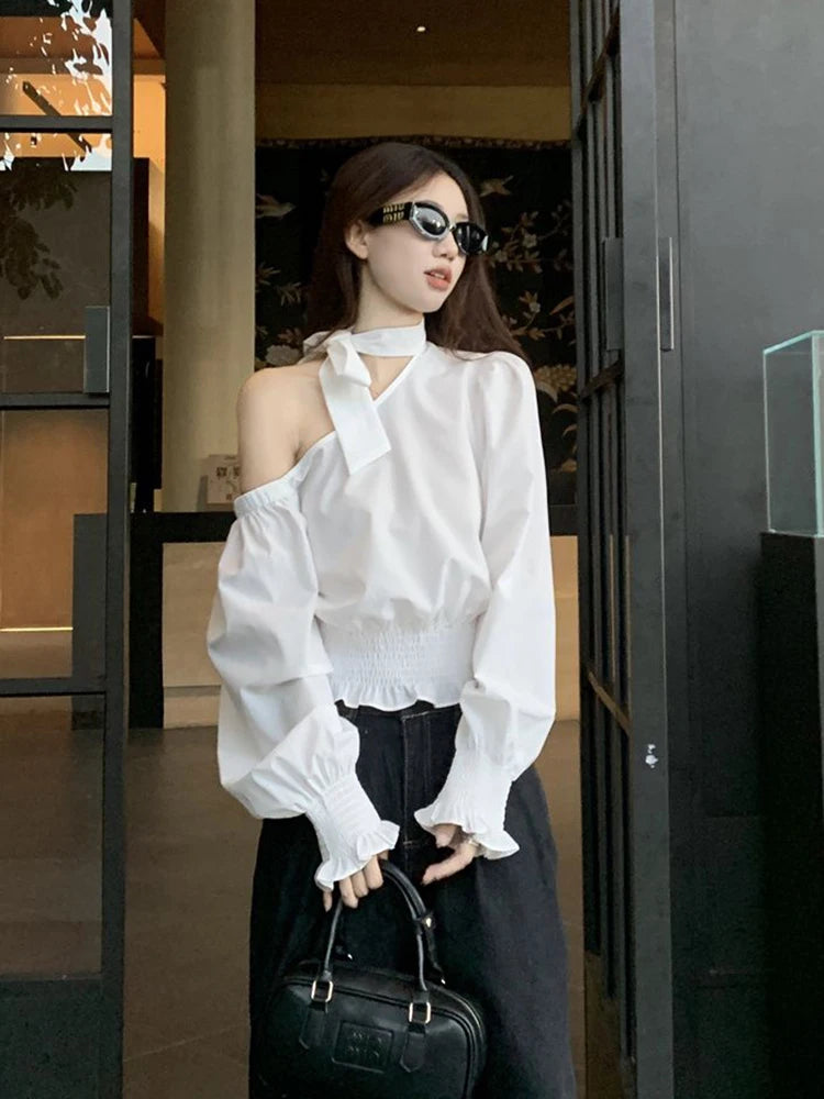 Lunivop   Sexy Off Shoulder White Shirt Women Elegant Halter Flare Sleeve Blouse Spring Korean Fashion Hollow Out Lace Up Sweet Tops