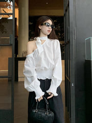 Lunivop   Sexy Off Shoulder White Shirt Women Elegant Halter Flare Sleeve Blouse Spring Korean Fashion Hollow Out Lace Up Sweet Tops