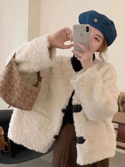 Lunivop Korean Winter Faux Lamb Coat Women Slim Long Sleeve Warm Sweet Jacket Preppy Style Casual O Neck Female Cute Solid Tops New