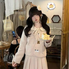 Lunivop  Harajuku Vintage Sweet Bow Pink Coat Women+ Autumn Winter Fashion Mid-length Ruched A-line Skirts New Two Piece Sets