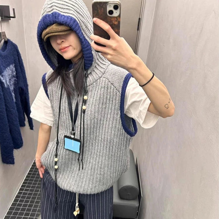 Lunivop Autumn Grunge Loose Knitted Women Tanks Harajuku Casual Contrast Color Hooded Waistcoat Y2k Aesthetic Streetwear Sweater Vest