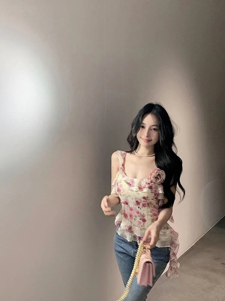 Lunivop  Irregular Camis Women Sweet Sexy Floral Printed Slash Neck Vintage Summer Fashion Holiday Tank Tops Female Casual