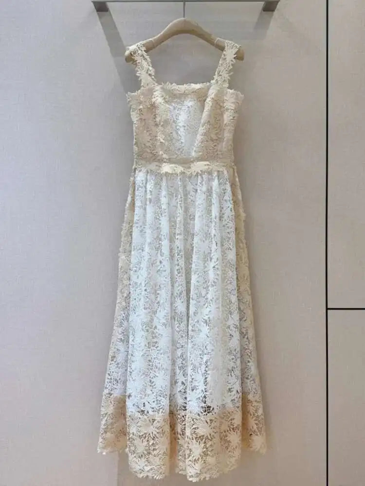 Lunivop  2025 Spring New Strapless Suspender Lace Color Blocked Water-soluble Waist Cinched Mid Length Dress French Women