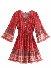 Lunivop  Vintage chic fashion women hippie floral print V-neck  Bohemian mini dresses Summer ladies flare sleeve cotton beach Boho dress