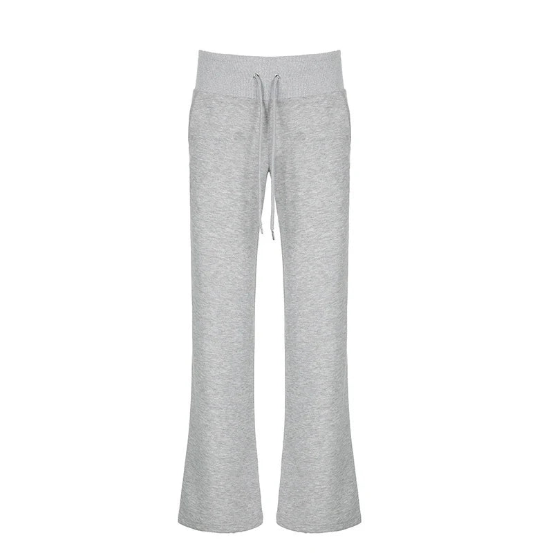Lunivop  Drawstring Sweatpants For Women Gray Lace-up Elastic Wide Waisted Spliced Pockets Straight Trousers Leisure Sporty Daily Bottoms
