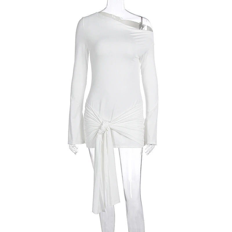 Lunivop  BKLD Sexy Solid Diagonal Collar Off-shoulder Long Sleeve Strappy Folds Irregular Mini Bodycon Dress Trendy New Casual Streetwear